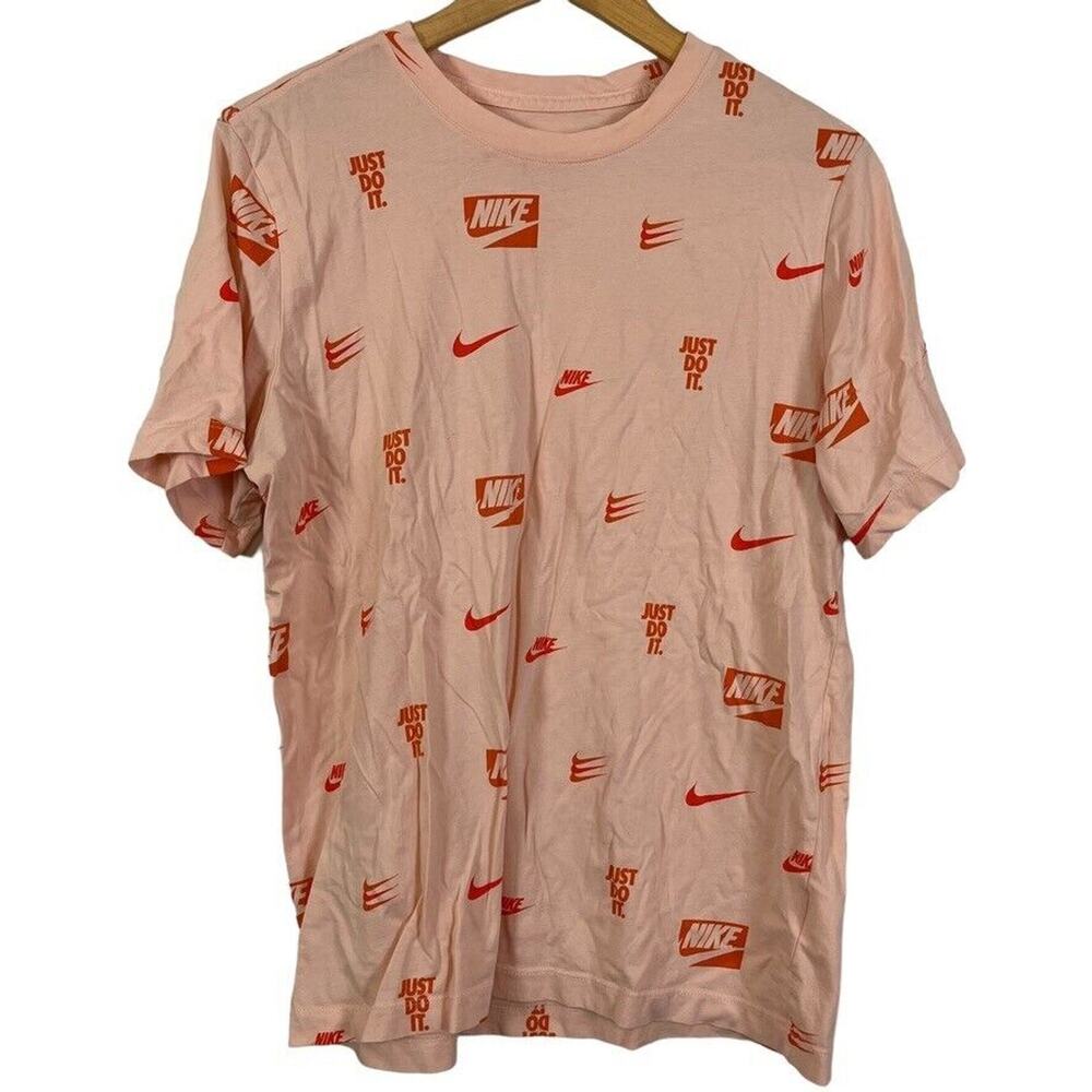 The Nike Tee T Shirt Graphic Swoosh Spell Out Logo Allover Print Pink Orange L